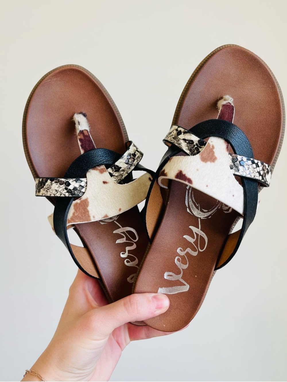 Cowhide & Snake Print Toe-Loop Sandals in Brown, Black, Cream